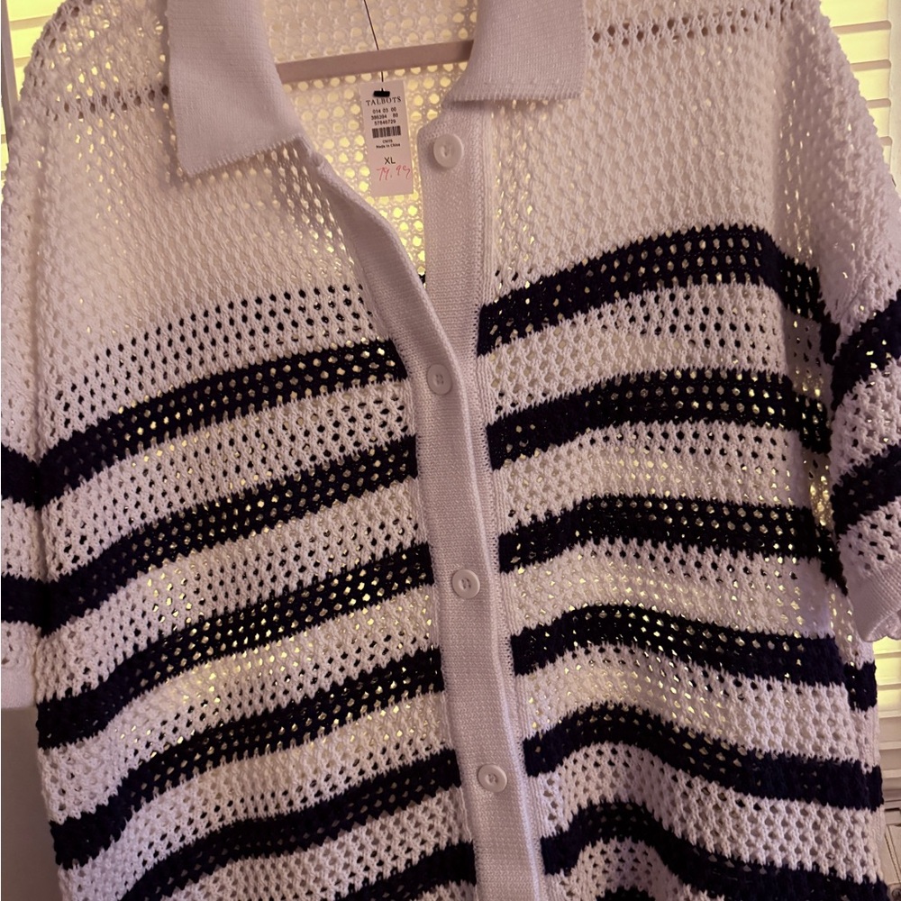 NWT XL Talbots Navy/ White Open-Knit Polo Cardigan with Navy Stripes